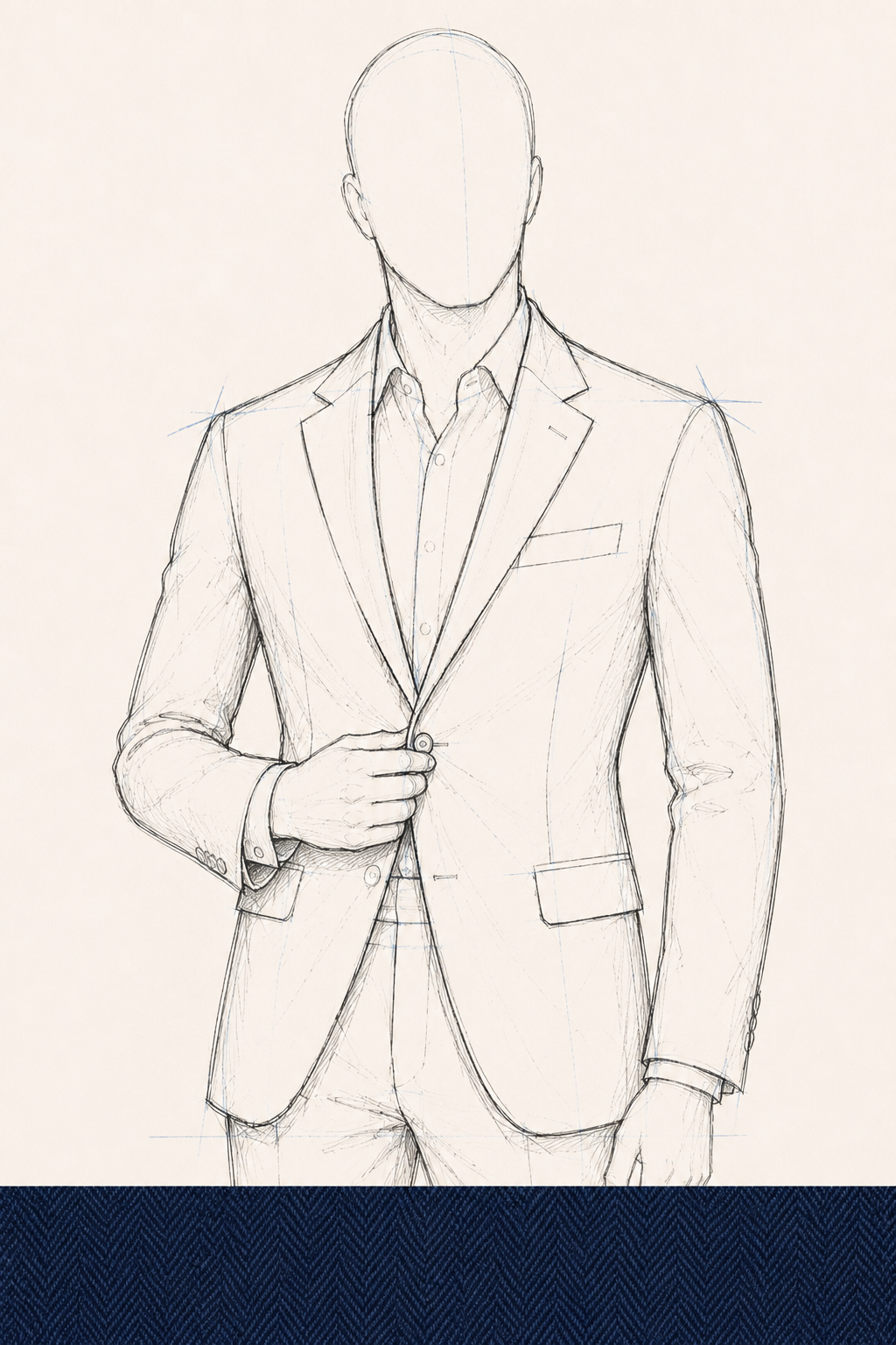 Prestige Custom Suit, tailor's sketch with charcoal wool and cashmere swatch
